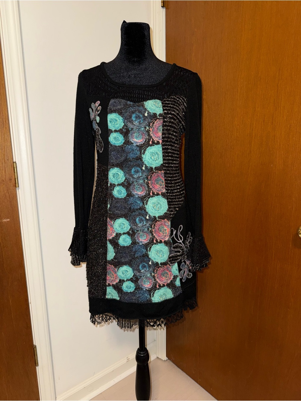KESSLEY Black Floral Panel Long-Sleeve Knit Tunic Dress size M